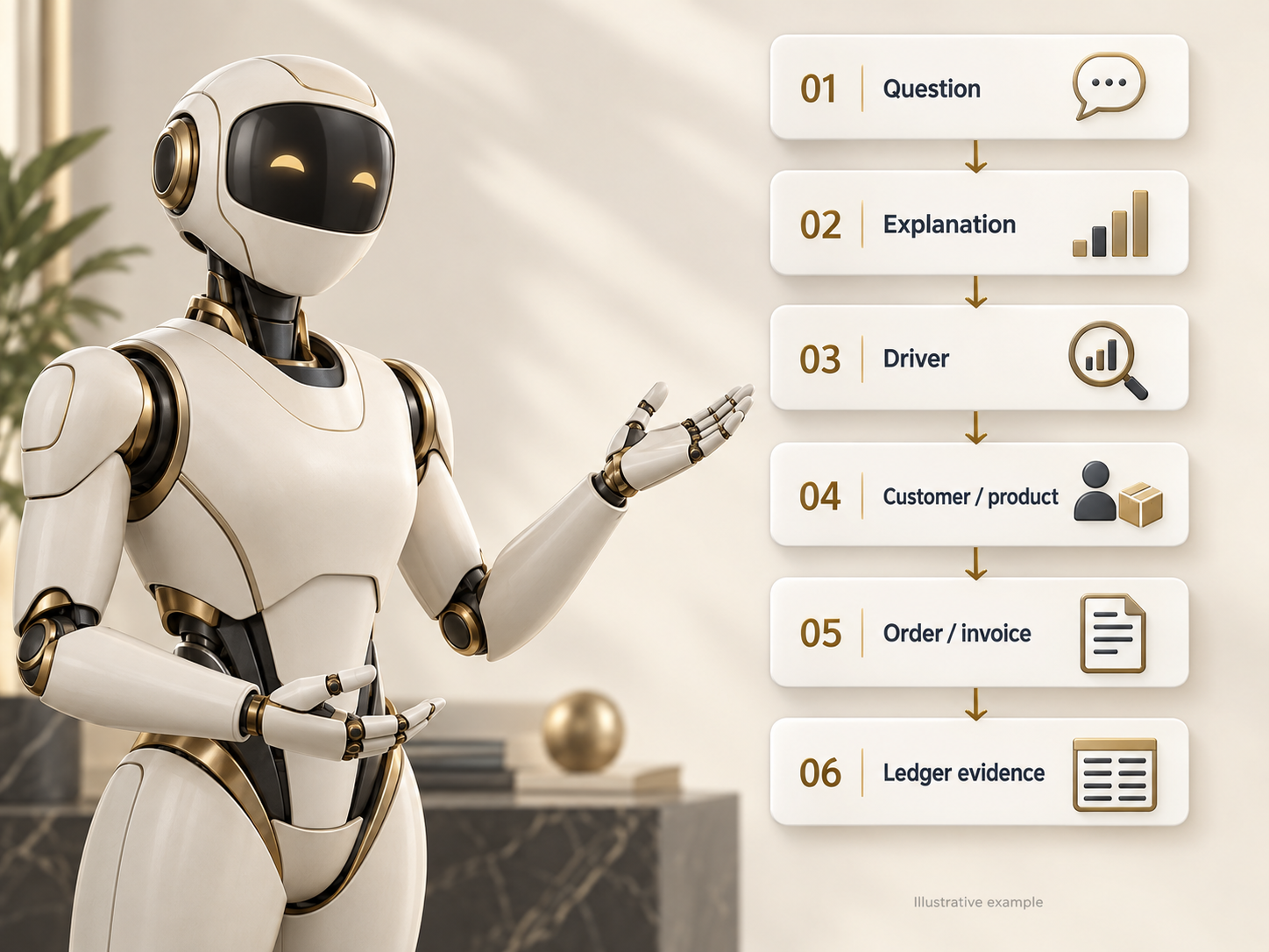 Illustrative robot presenting a six-step path from a business question through explanation, drivers, customer and product records, orders and invoices, to ledger evidence