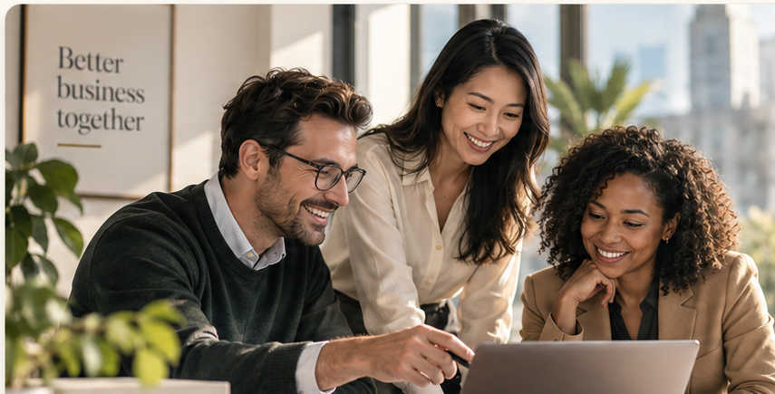 Three colleagues reviewing customer work together around a laptop
