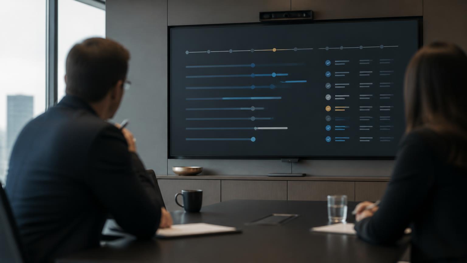 Engineers reviewing validation evidence on large displays