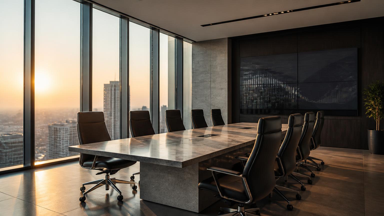 Empty executive decision room at dawn overlooking a city
