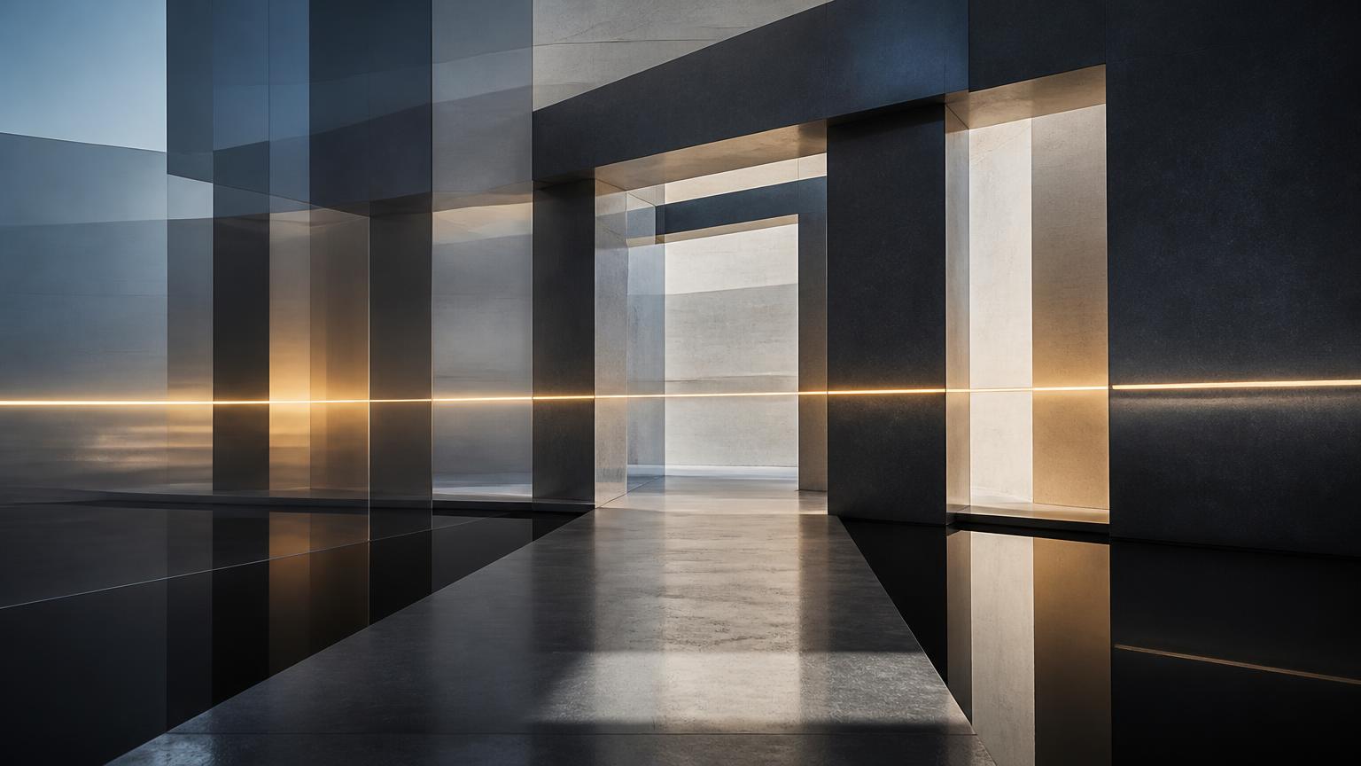 Abstract architectural composition of layered glass planes and aligned gateways with a single line of gold light