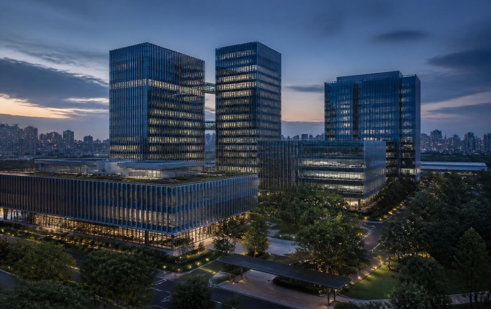 International corporate group headquarters campus at dusk