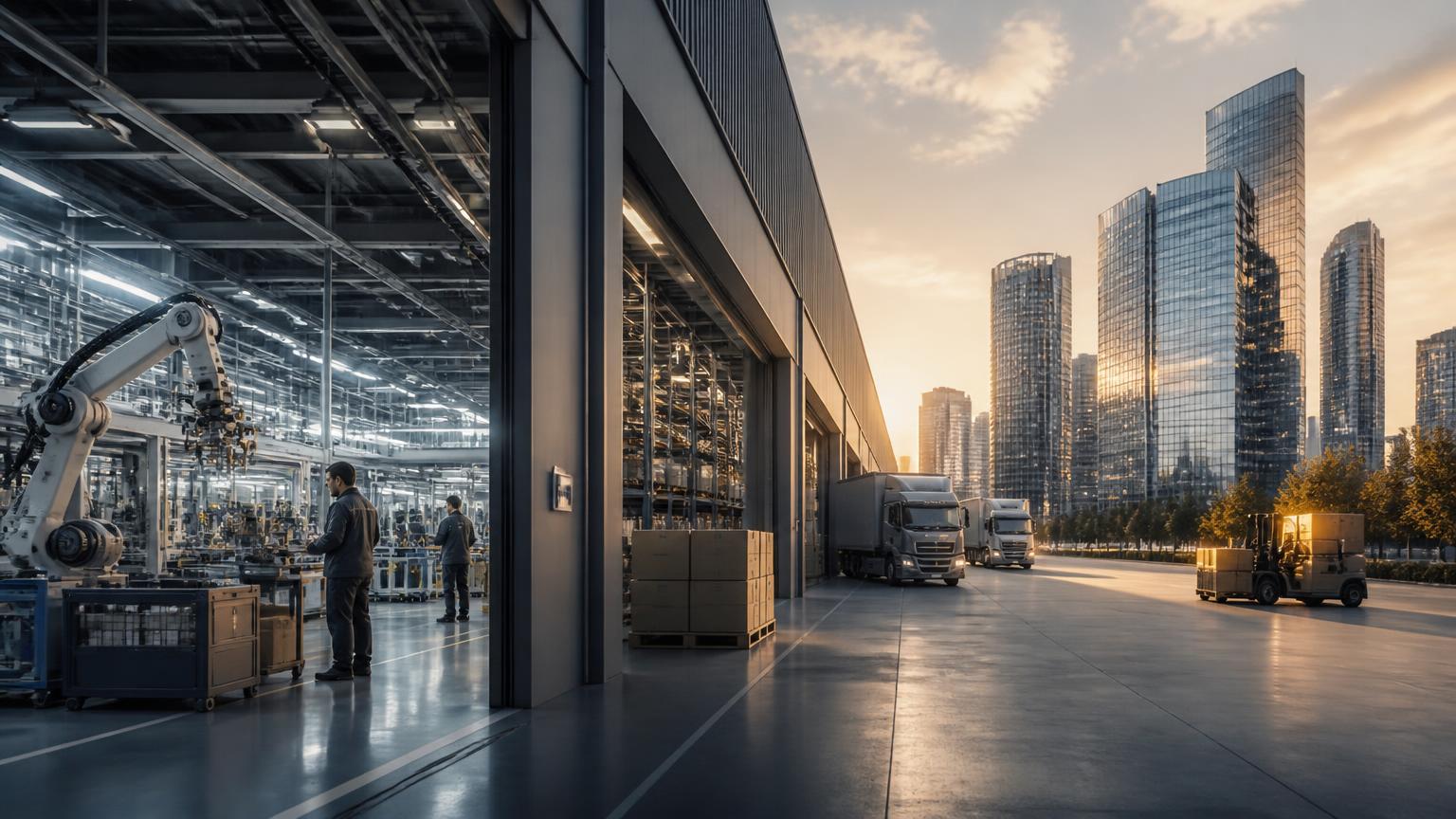 Manufacturing hall, distribution yard and corporate towers at golden hour