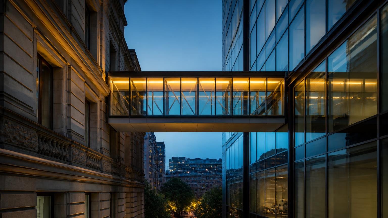 Illuminated glass bridge connecting a historic building to a modern tower at dusk