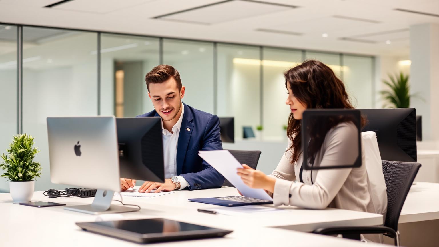 Executive reviewing an approval on screen in a modern finance office