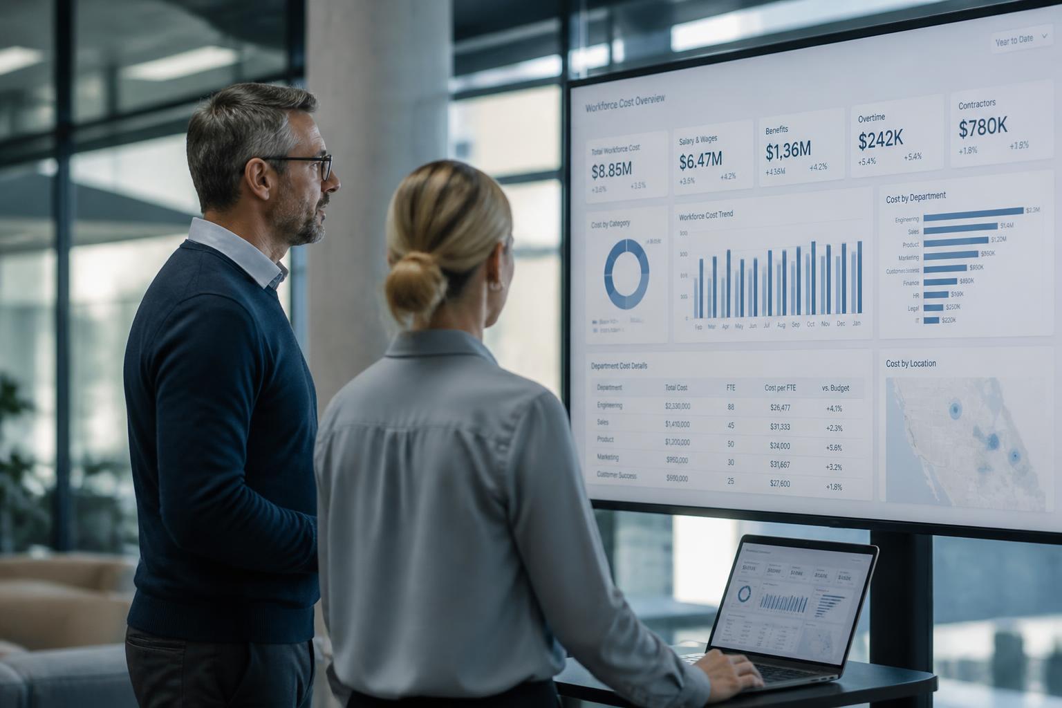 Finance and payroll professionals reviewing workforce cost information on a large display