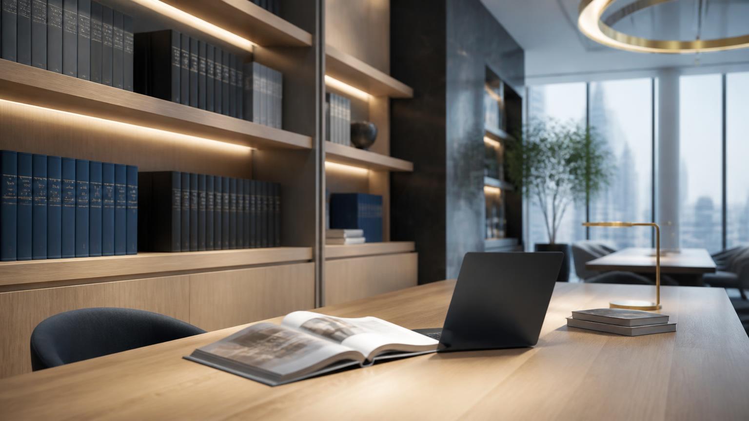 Quiet corporate knowledge centre with shelved reports and an open document on a light table