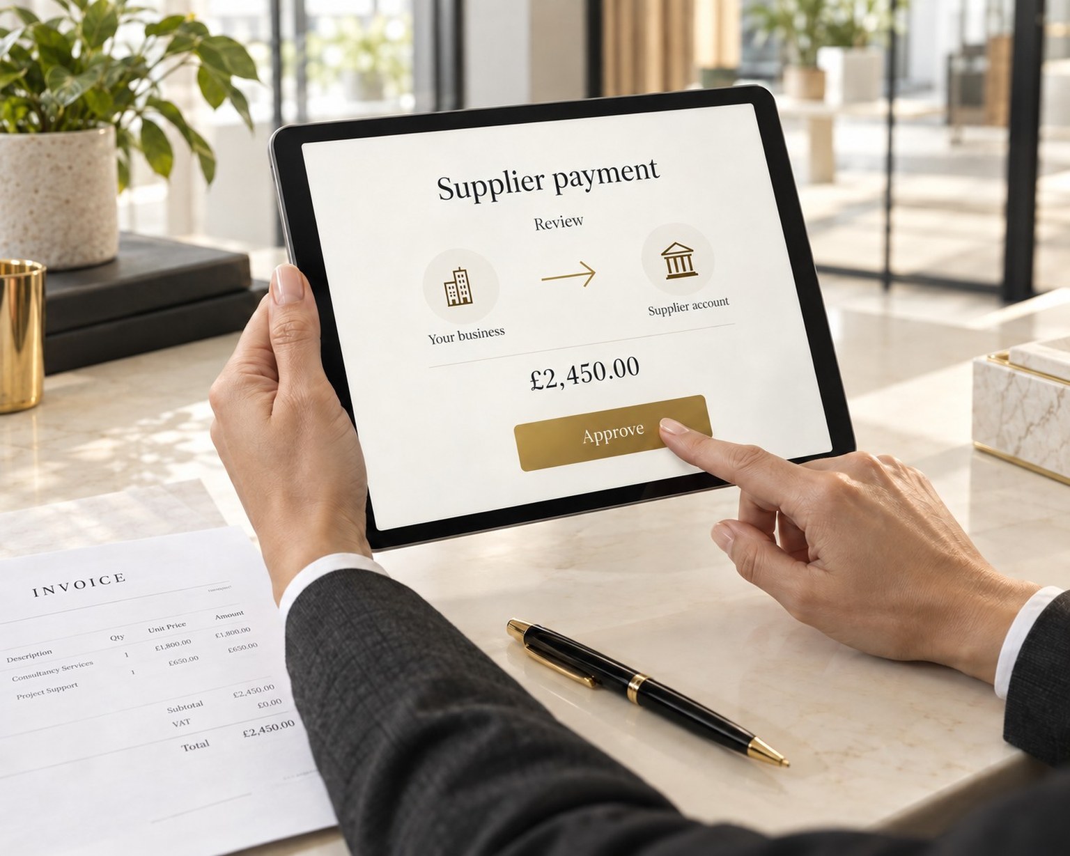 Supplier payment approval shown on a tablet